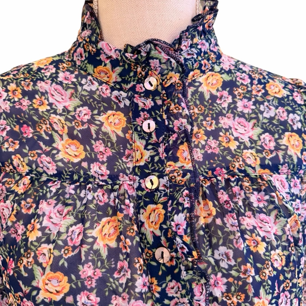 Listicle  Navy Blue with Ditsy Floral Long Sleeve Blouse M - Picture 3 of 11